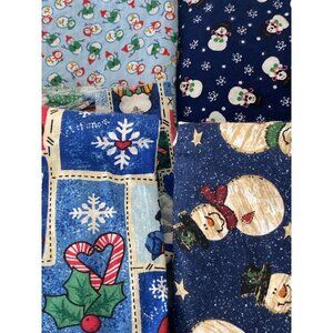 Snowman Fabric Red Blue White Green Snowflakes Christmas Quilting Sewing Remnant